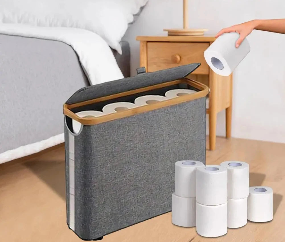 Cesta de Armazenamento de Papel Higiênico em Oxford com Tampa de Bambu