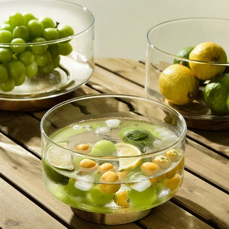 Saladeira em Vidro e Base de Madeira de Acácia